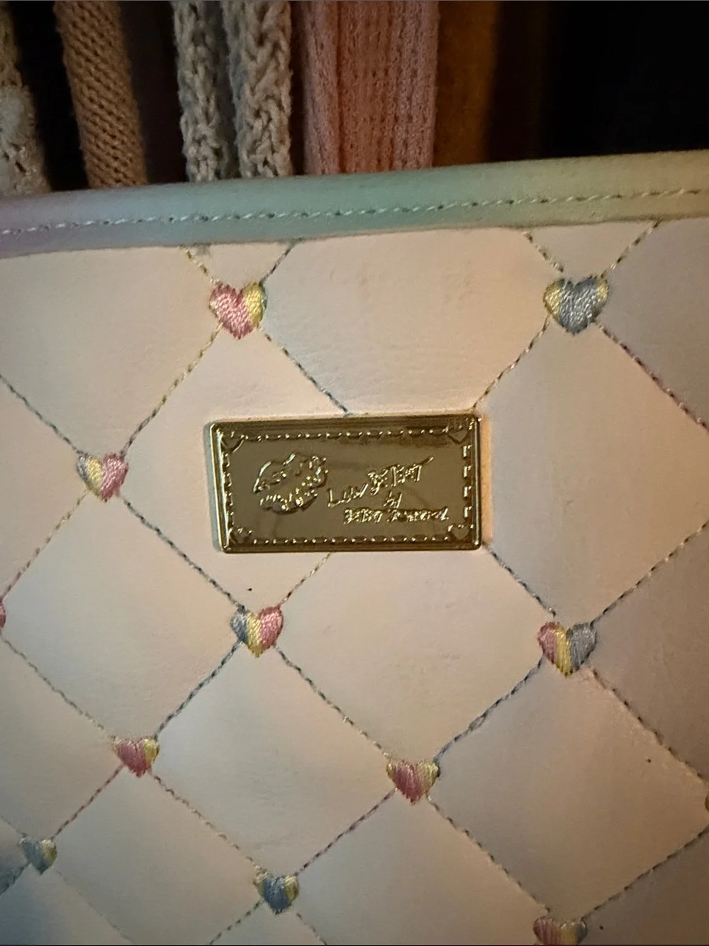 Betsey Johnson White Quilted Tote with Pastel Rainbow Trim